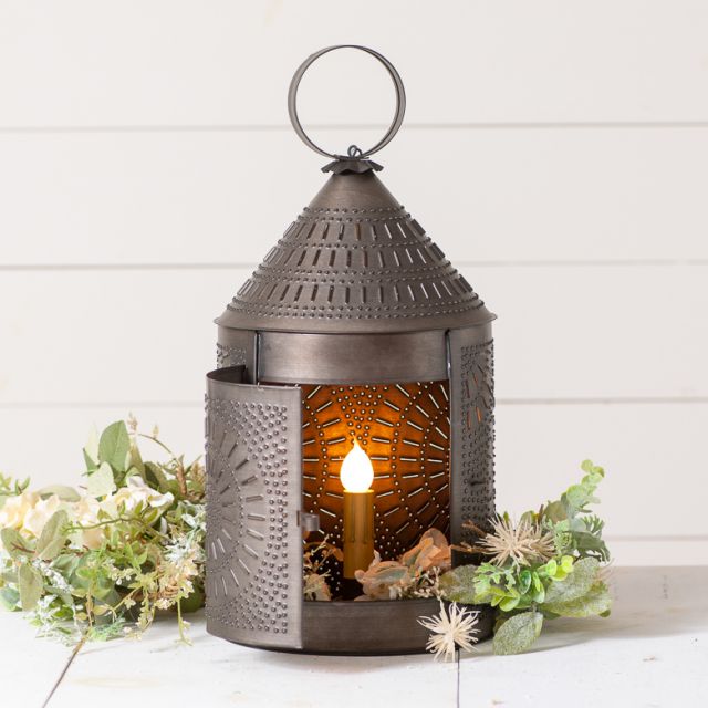 15" Decorative Punched Tin Revere Lantern in Blackened Tin by Irvins Country 
