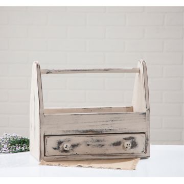 Wooden Tote with drawer in worn white