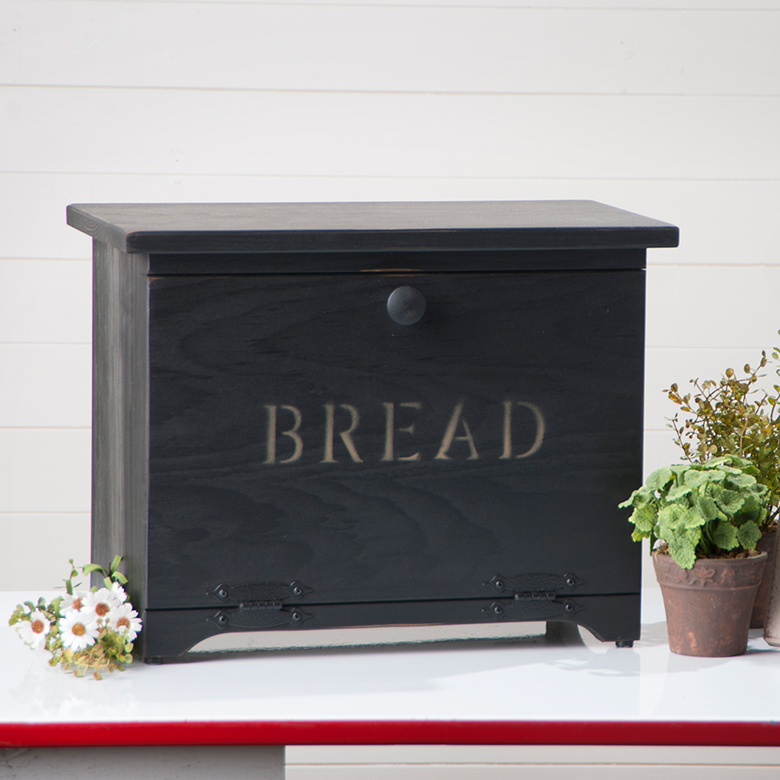 Irvins Tinware Wooden Bread Box in Black with inside shelf