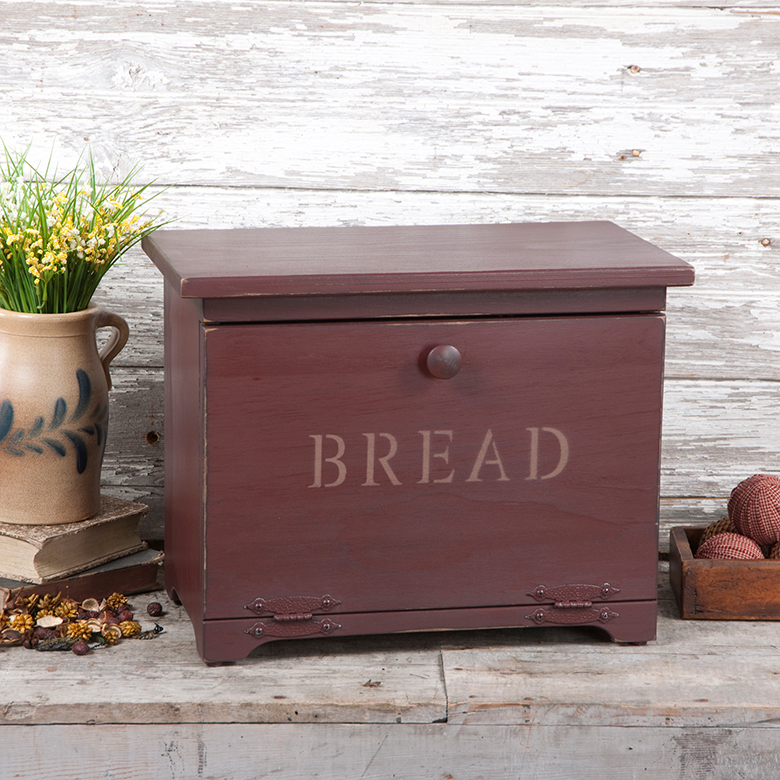 Wooden Bread Box In Red With Inside Shelf Irvin S Tinware