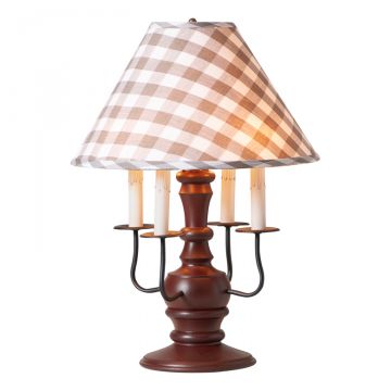 Cedar Creek Wood Table Lamp in Rustic Red with Fabric Gray Check Shade