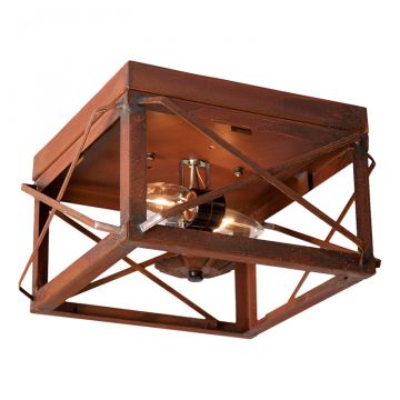 2-Light Flush Mount Double Ceiling Light with Folded Bars in Rustic Tin