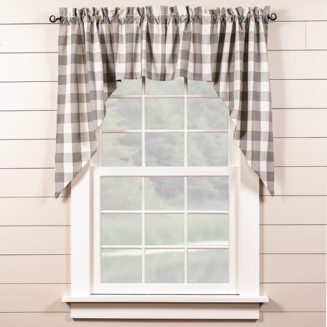 Cream Check 36 Inch Unlined Swag Set, Grey And Cream Checked Curtains