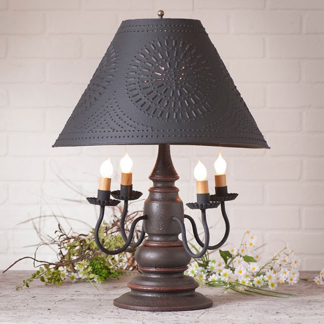 Harrison 4-Arm Wooden Table Lamp W/ Punched Tin Shade Primitive Americana Light 